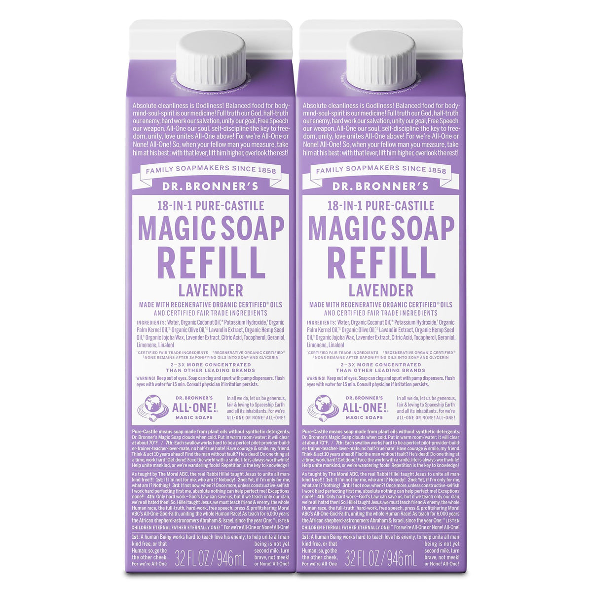 Dr. Bronner's Lavender Castile refill bottle pour shows versatile soap for body and dishes