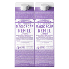 Dr. Bronner's Lavender Castile refill bottle pour shows versatile soap for body and dishes