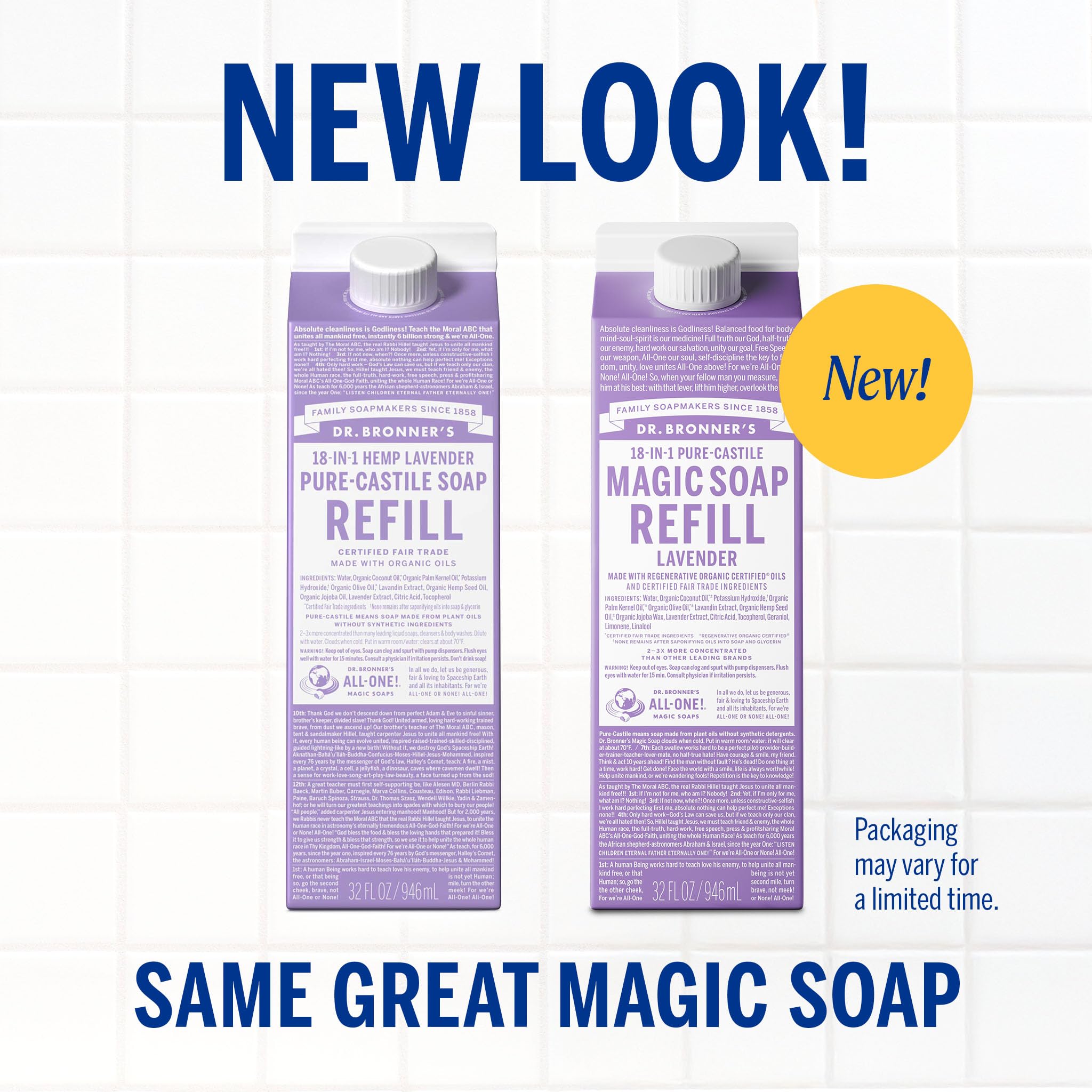 Dr. Bronner's Lavender Castile refill carton emphasizes eco packaging and reduced plastic
