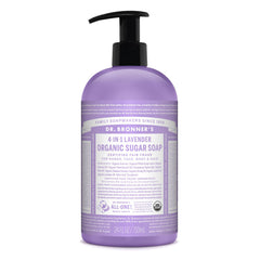 Dr. Bronner's lavender sugar soap bottle on bathroom shelf for gentle cleansing.