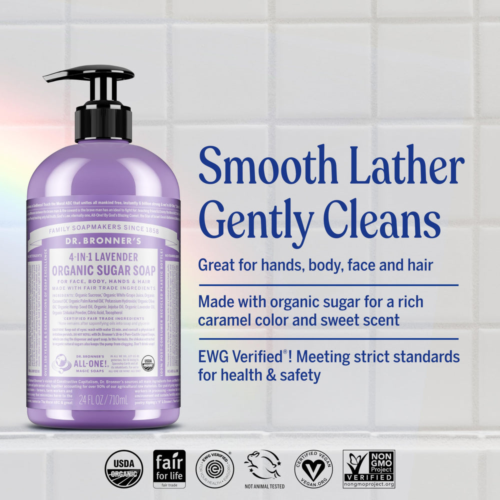 Dr. Bronner's lavender sugar soap lather closeup shows creamy texture for gentle cleansing.