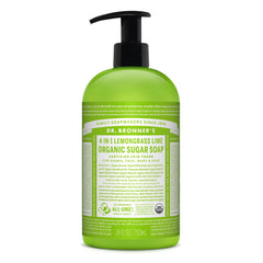 Dr. Bronner's lemongrass sugar soap bottle highlights eco packaging for daily cleansing