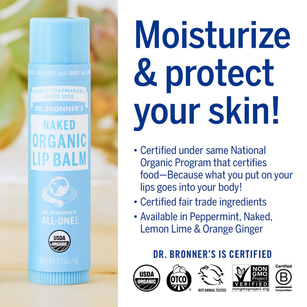 Ingredients display shows beeswax, jojoba, avocado, hemp oils in Dr. Bronner's balm