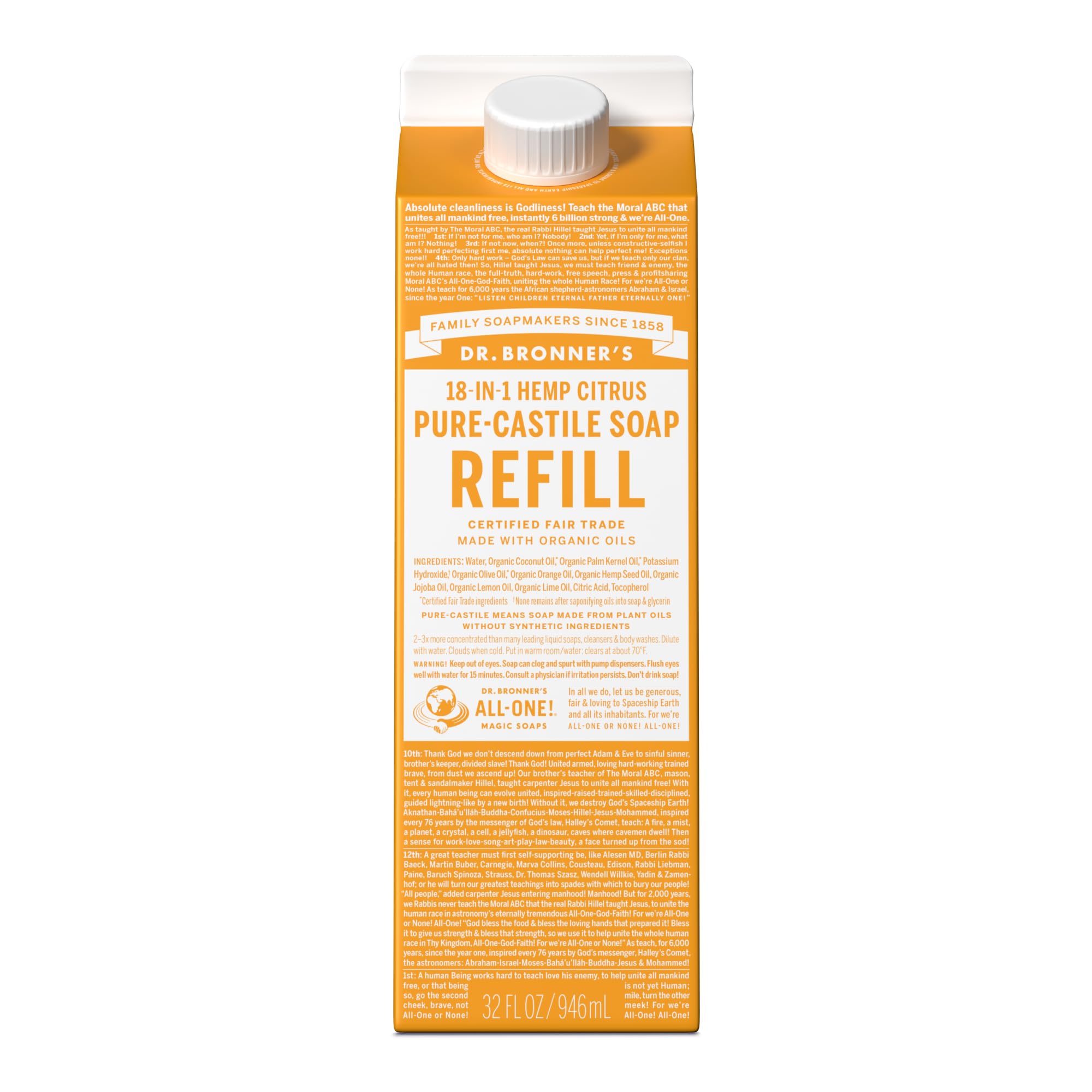 Dr. Bronner's liquid soap refill carton pouring reduces plastic waste.