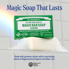 Dr. Bronner's Almond Magic Bar lather close-up shows rich cleansing action