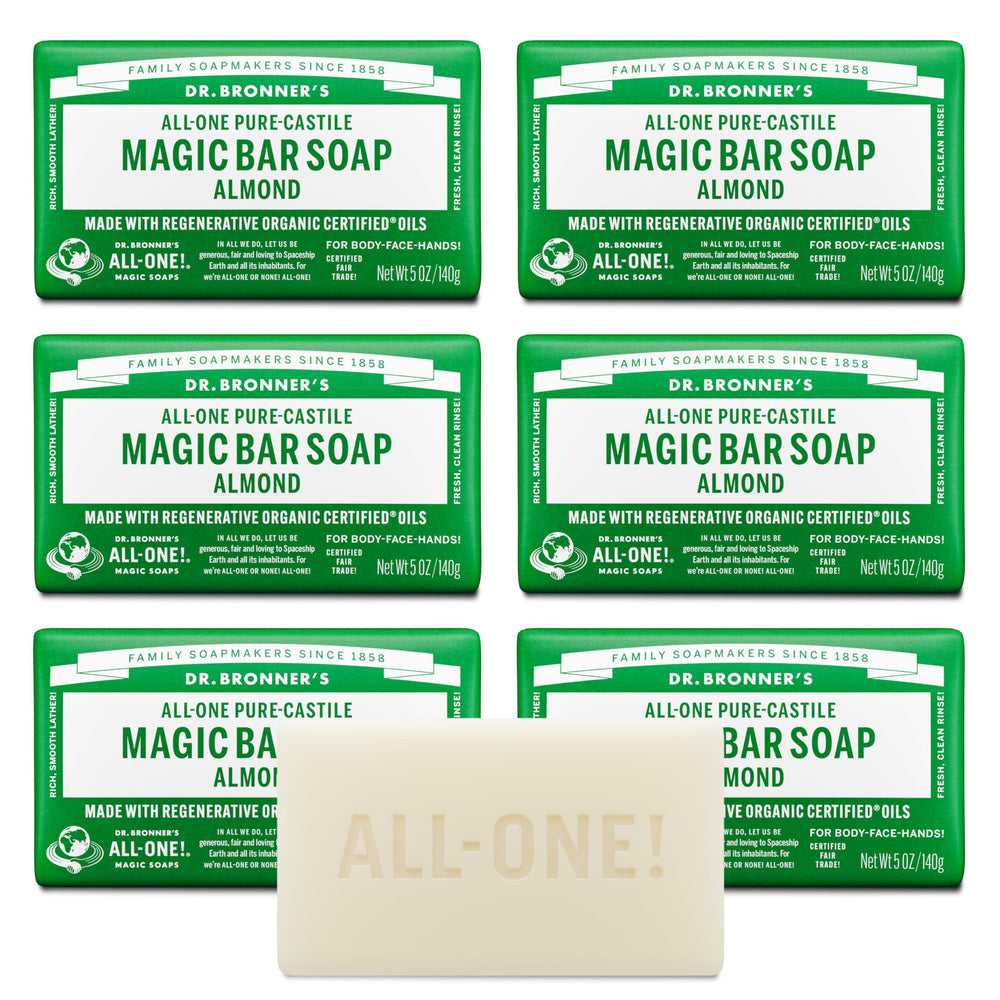 Dr. Bronner's Magic Bar Almond packaging uses recycled wrap for eco-friendly routine