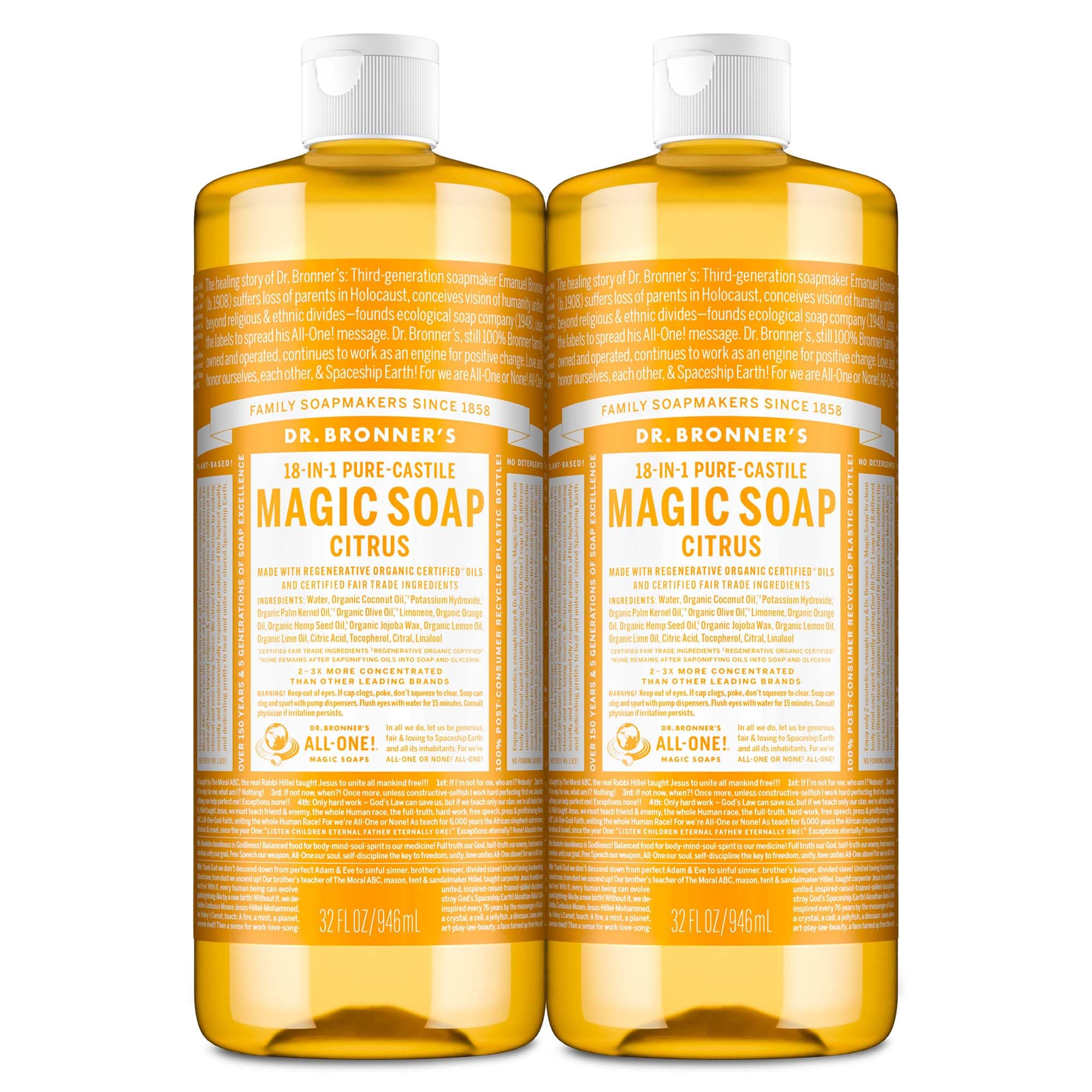 Dr. Bronner's Magic Soap citrus bottle pour supports versatile body, hair, or dish use.