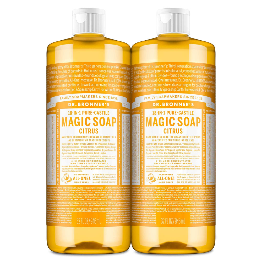 Dr. Bronner's Magic Soap citrus bottle pour supports versatile body, hair, or dish use.