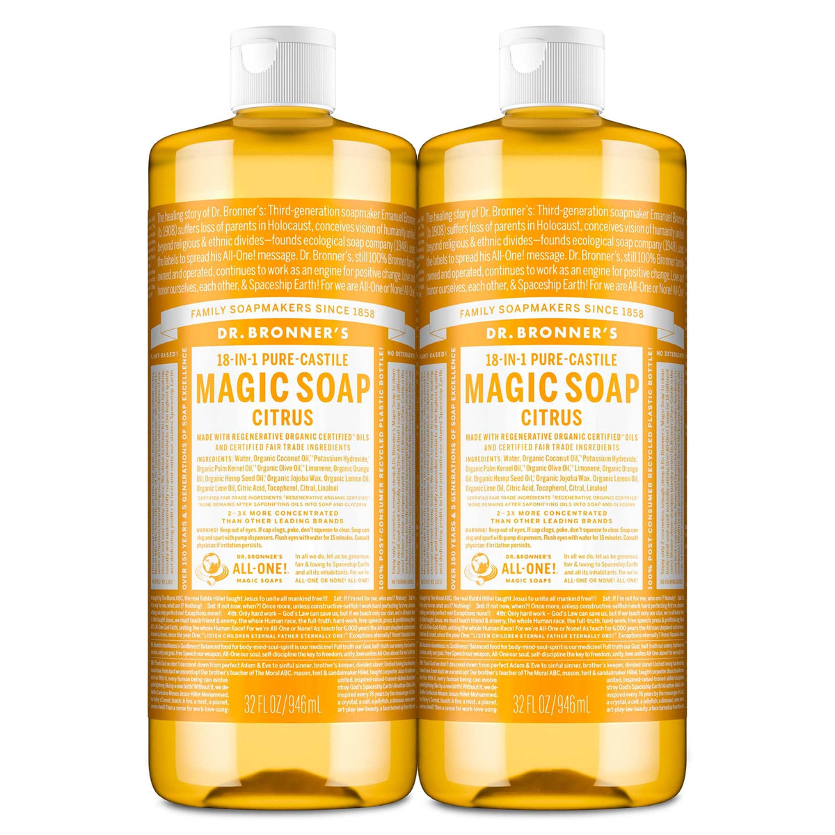 Dr. Bronner's Magic Soap citrus bottle pour supports versatile body, hair, or dish use.