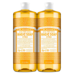 Dr. Bronner's Magic Soap citrus bottle pour supports versatile body, hair, or dish use.