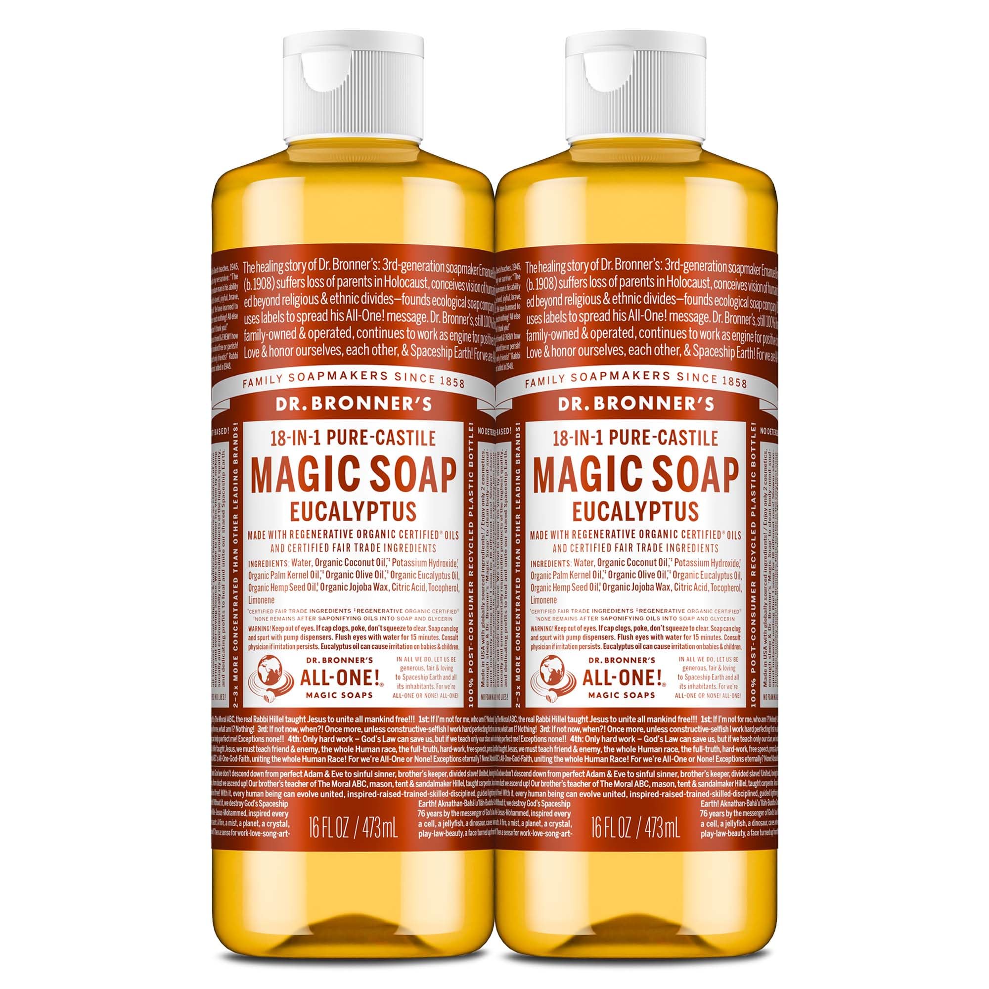 Dr. Bronner's Magic Soap eucalyptus bottle pour enables easy dilution for body and dishes.