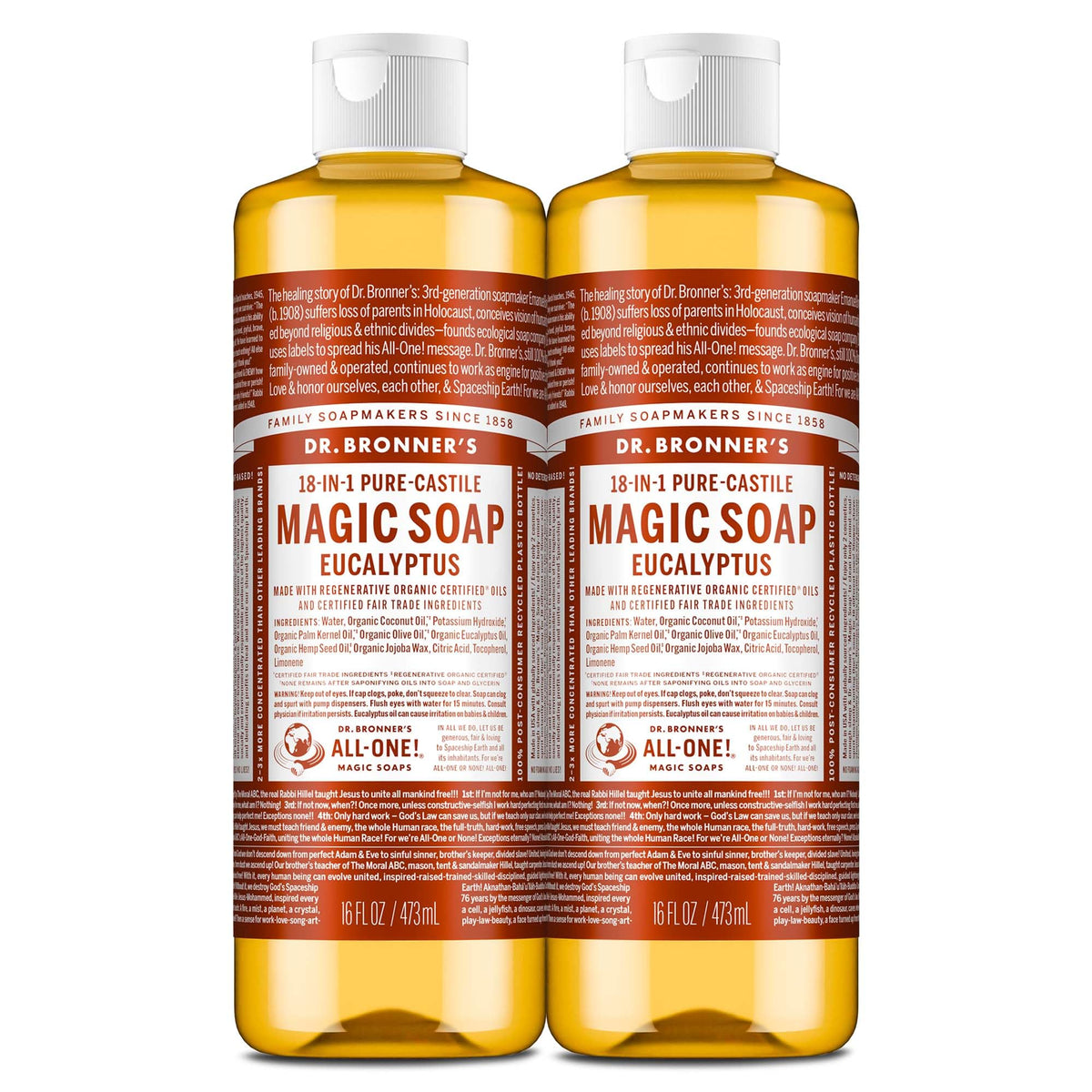 Dr. Bronner's Magic Soap eucalyptus bottle pour enables easy dilution for body and dishes.