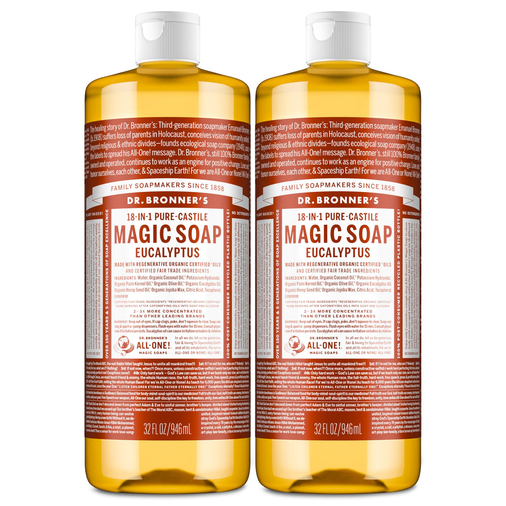 Dr. Bronner's Magic Soap eucalyptus bottle pour shows concentrated cleaning power