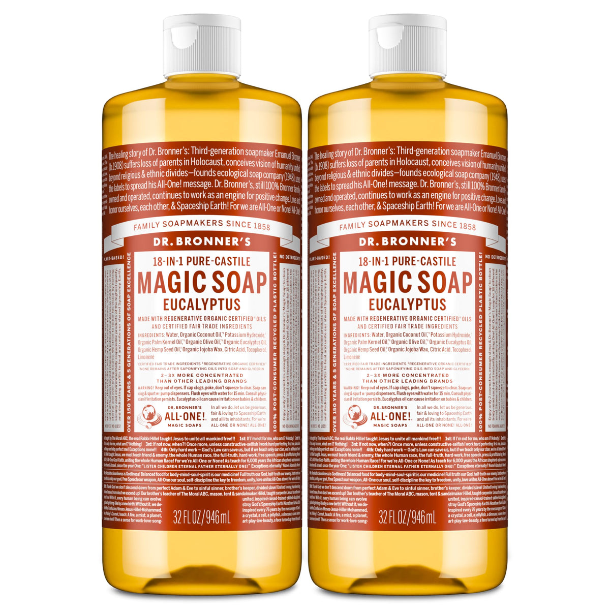 Dr. Bronner's Magic Soap eucalyptus bottle pour shows concentrated cleaning power