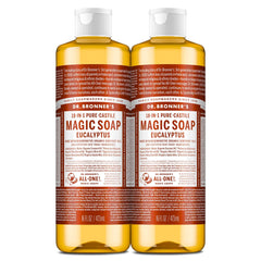 Dr. Bronner's Magic Soap eucalyptus bottle pour enables easy dilution for body and dishes.