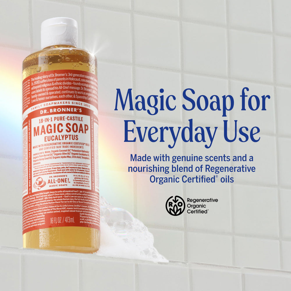 Dr. Bronner's Magic Soap eucalyptus rich-lather demonstrates creamy, skin-friendly cleansing for daily use.