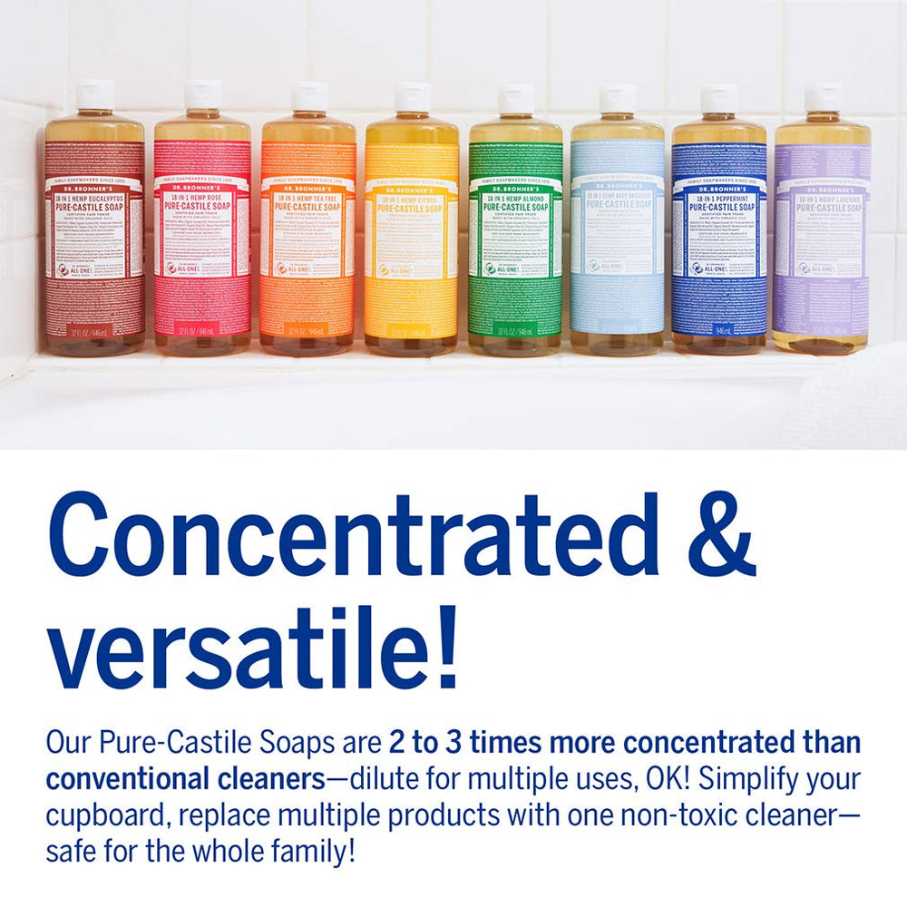 Dr. Bronner's packaging uses post-consumer recycled plastic.