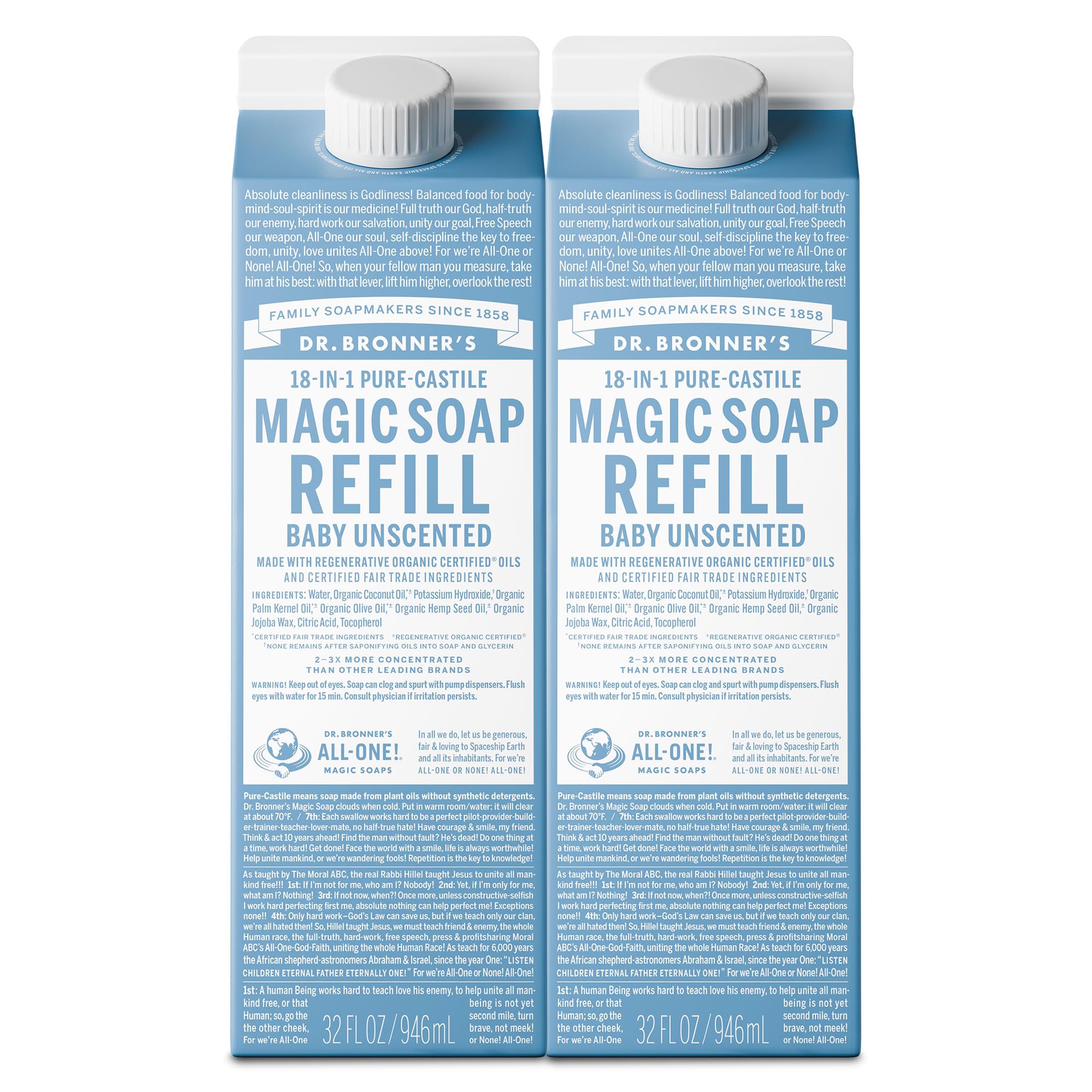 Dr. Bronner's Magic Soap refill bottle close-up showing 32 oz two-pack for versatile cleaning