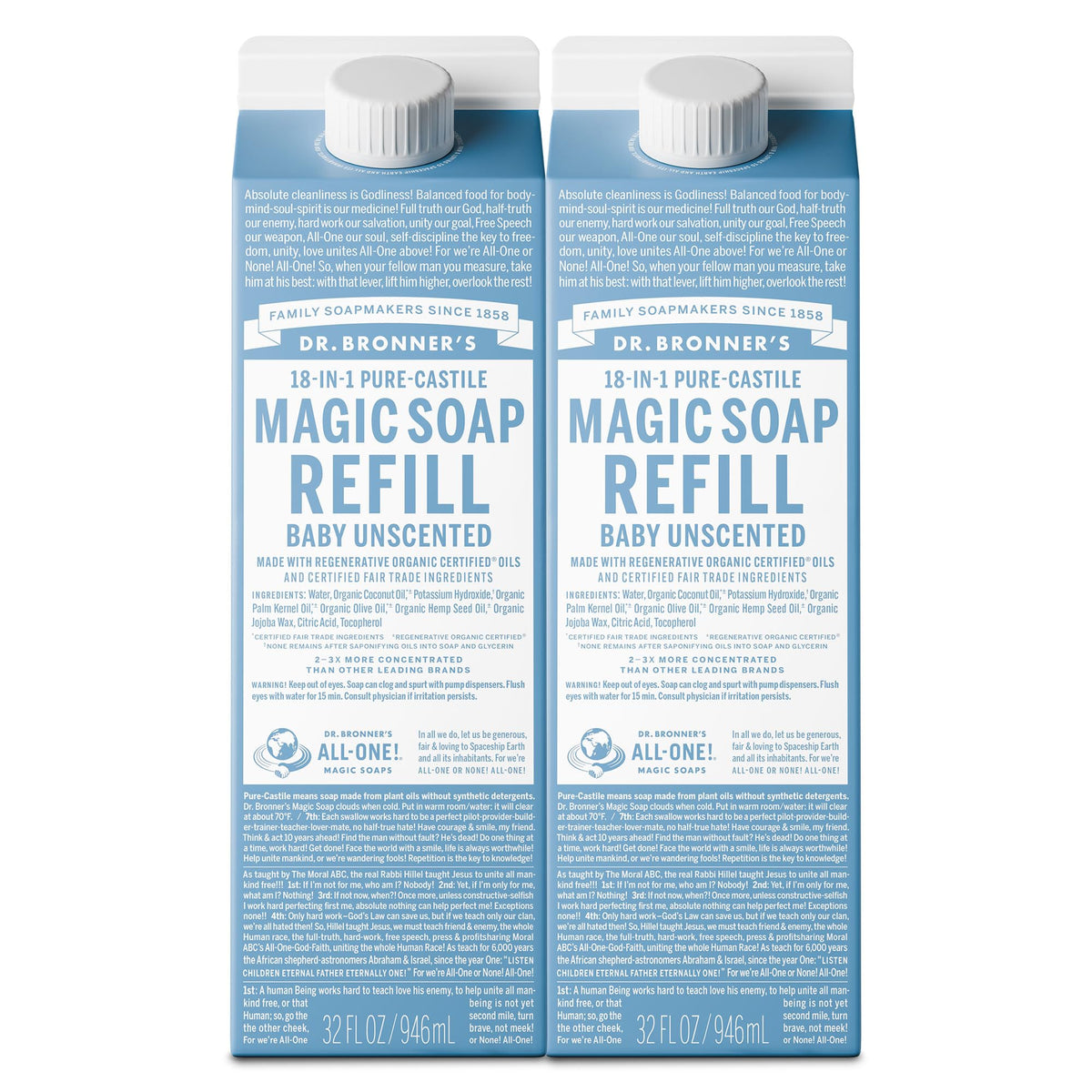 Dr. Bronner's Magic Soap refill bottle close-up showing 32 oz two-pack for versatile cleaning