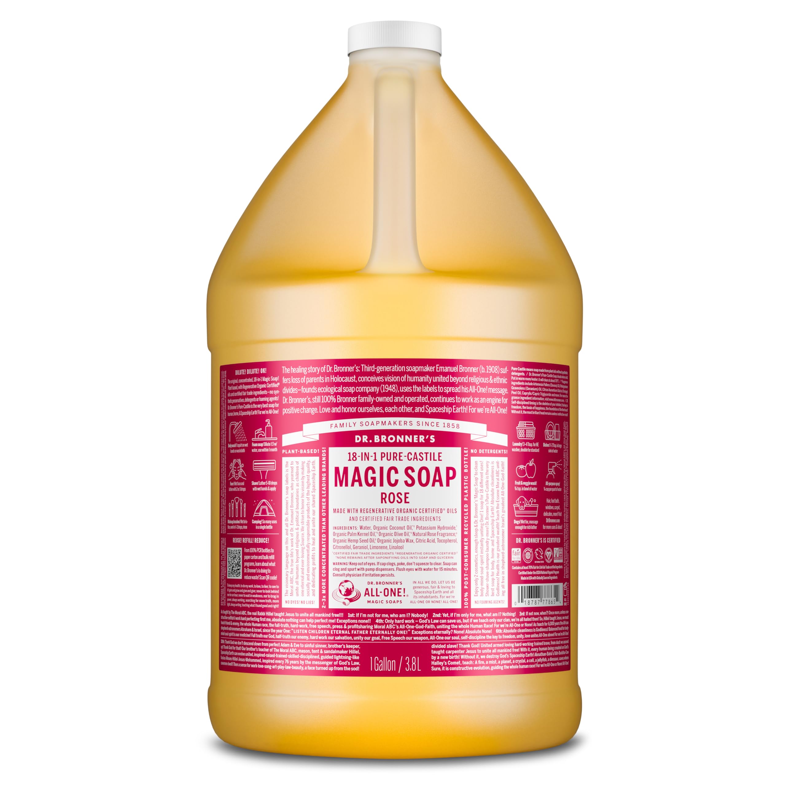 Dr. Bronner's Magic Soap Rose bottle with gentle cleansing for face and body.