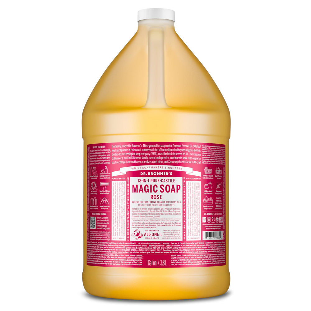 Dr. Bronner's Magic Soap Rose bottle with gentle cleansing for face and body.