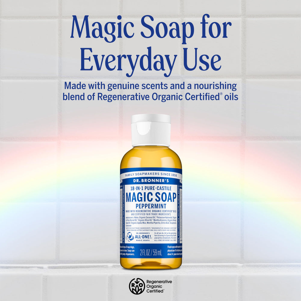 Dr. Bronner's magic soap label-closeup highlights organic, fair-trade ingredients at a glance.