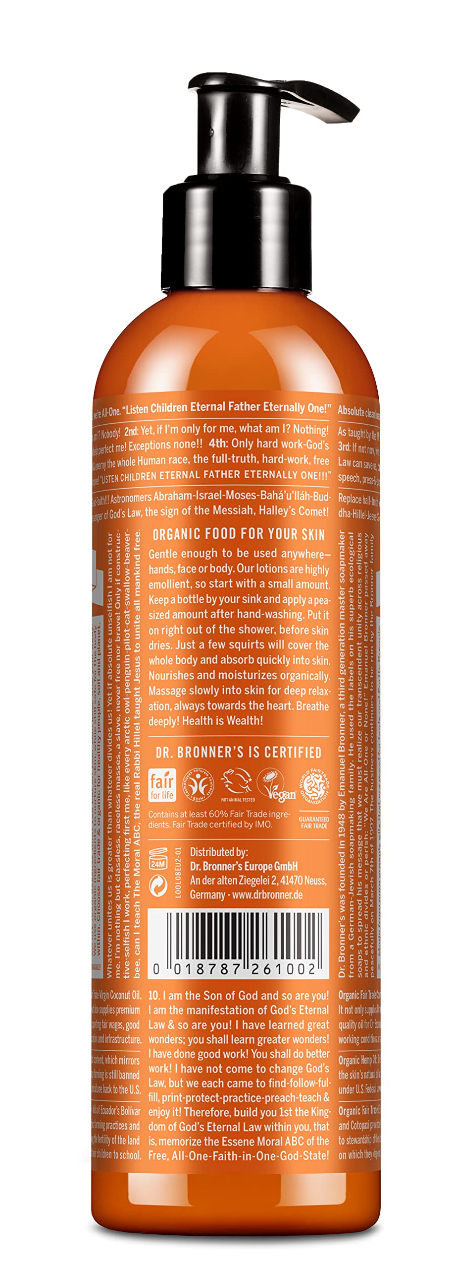 Face and body application of Dr. Bronner's orange-lavender lotion for gentle moisture