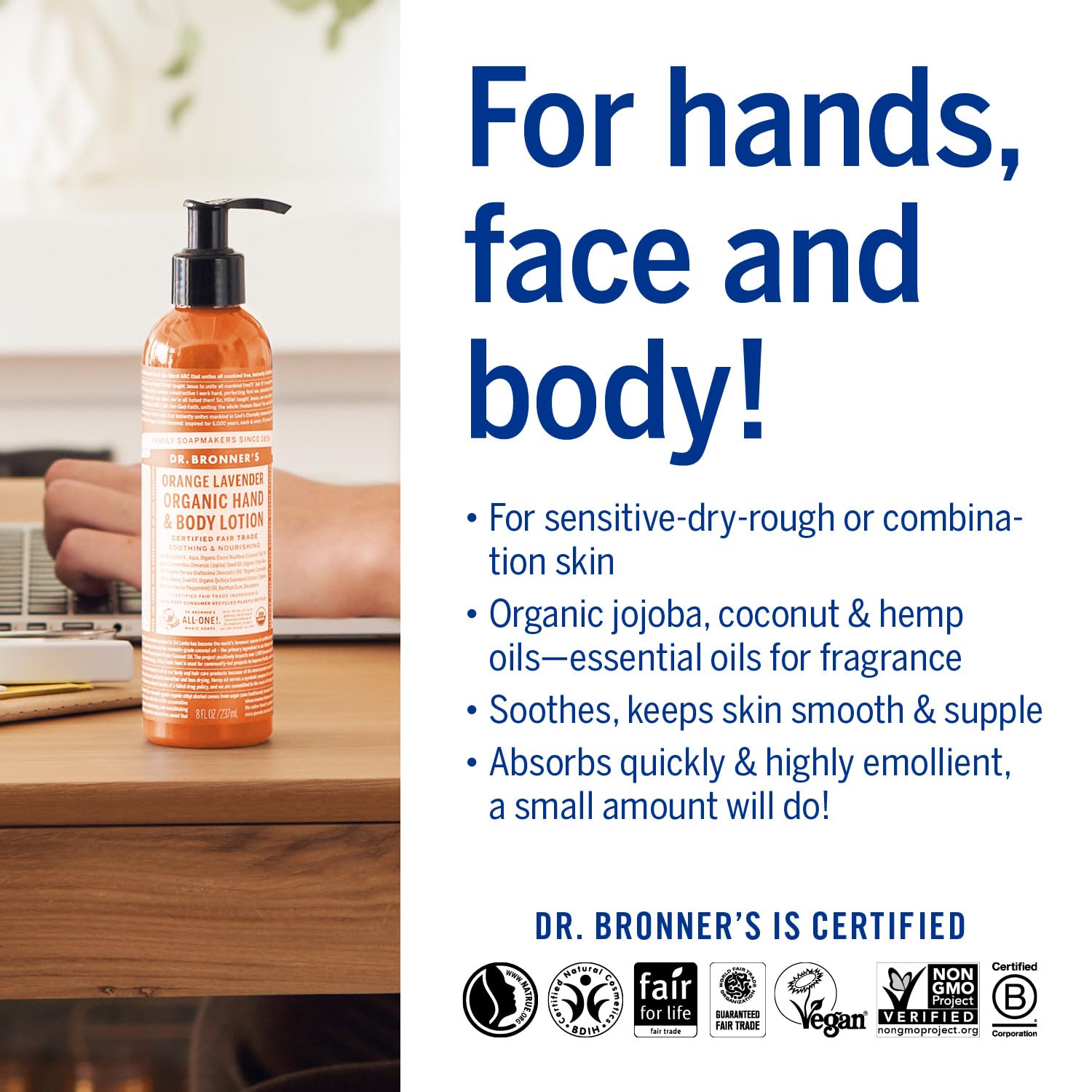 Dr. Bronner's lotion in packaging made from 100% recycled materials