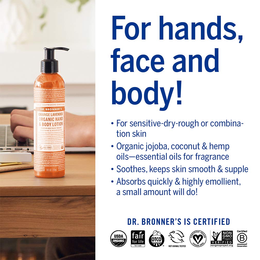 Dr. Bronner's Organic Lotion Orange Lavender bottle with warm glow for calming aromatics