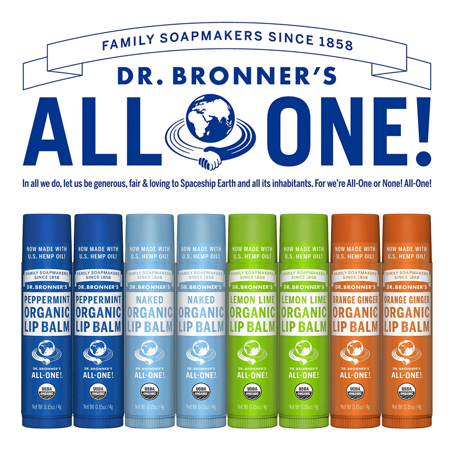 Dr. Bronner's lip balm uses organic beeswax and avocado oil for natural nourishment.