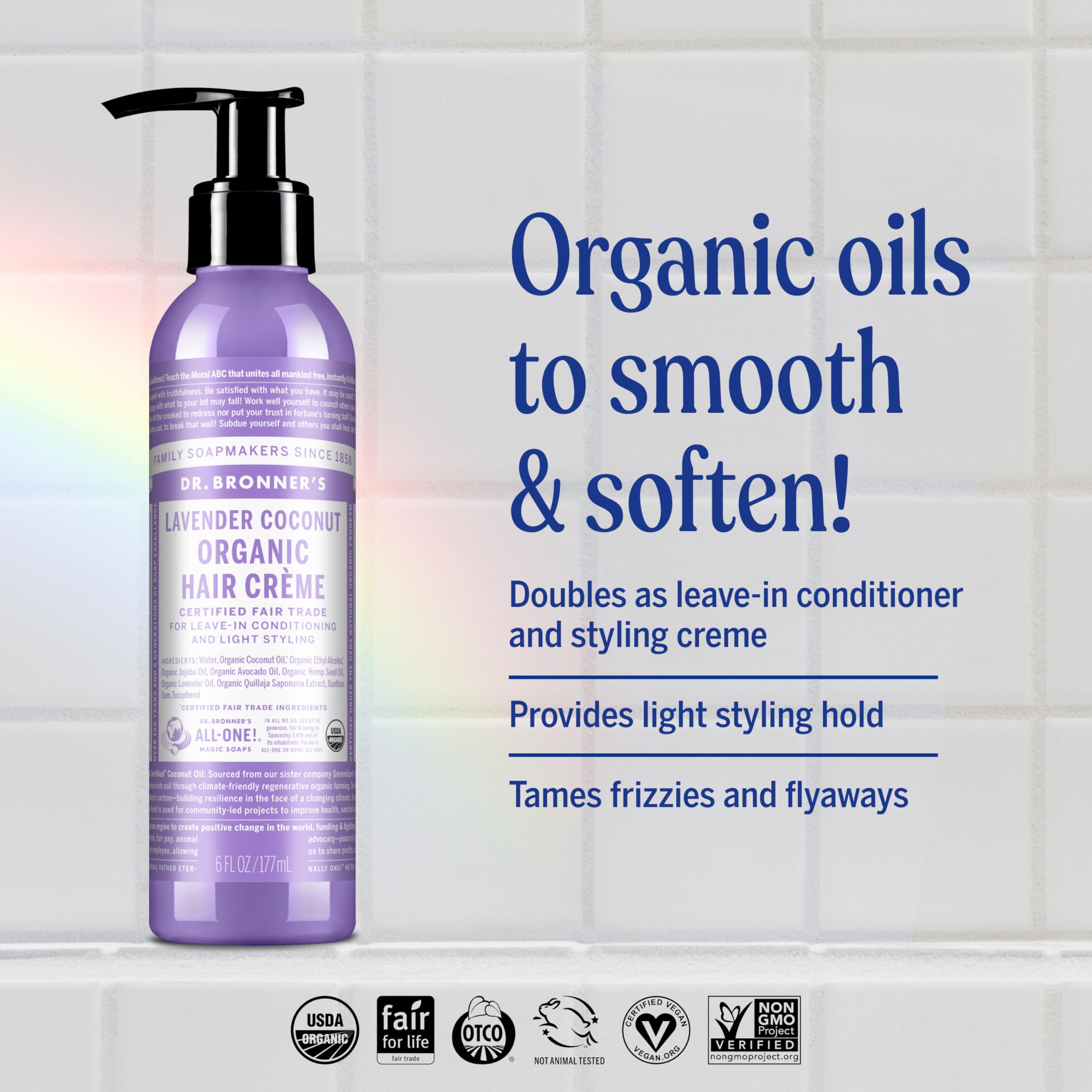 Dr. Bronner's Organic Hair Crème back label with certifications and cruelty-free promise