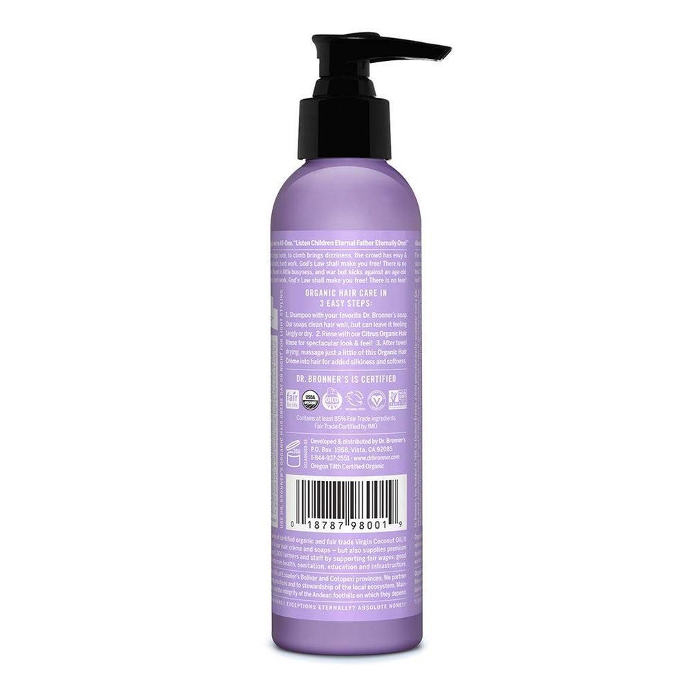 Dr. Bronner's Organic Hair Crème Lavender Coconut label closeup highlights organic jojoba and hemp oils