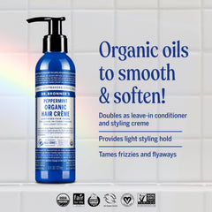 Dr. Bronner's Organic Hair Crème peppermint 6oz bottle pump shows easy styling control
