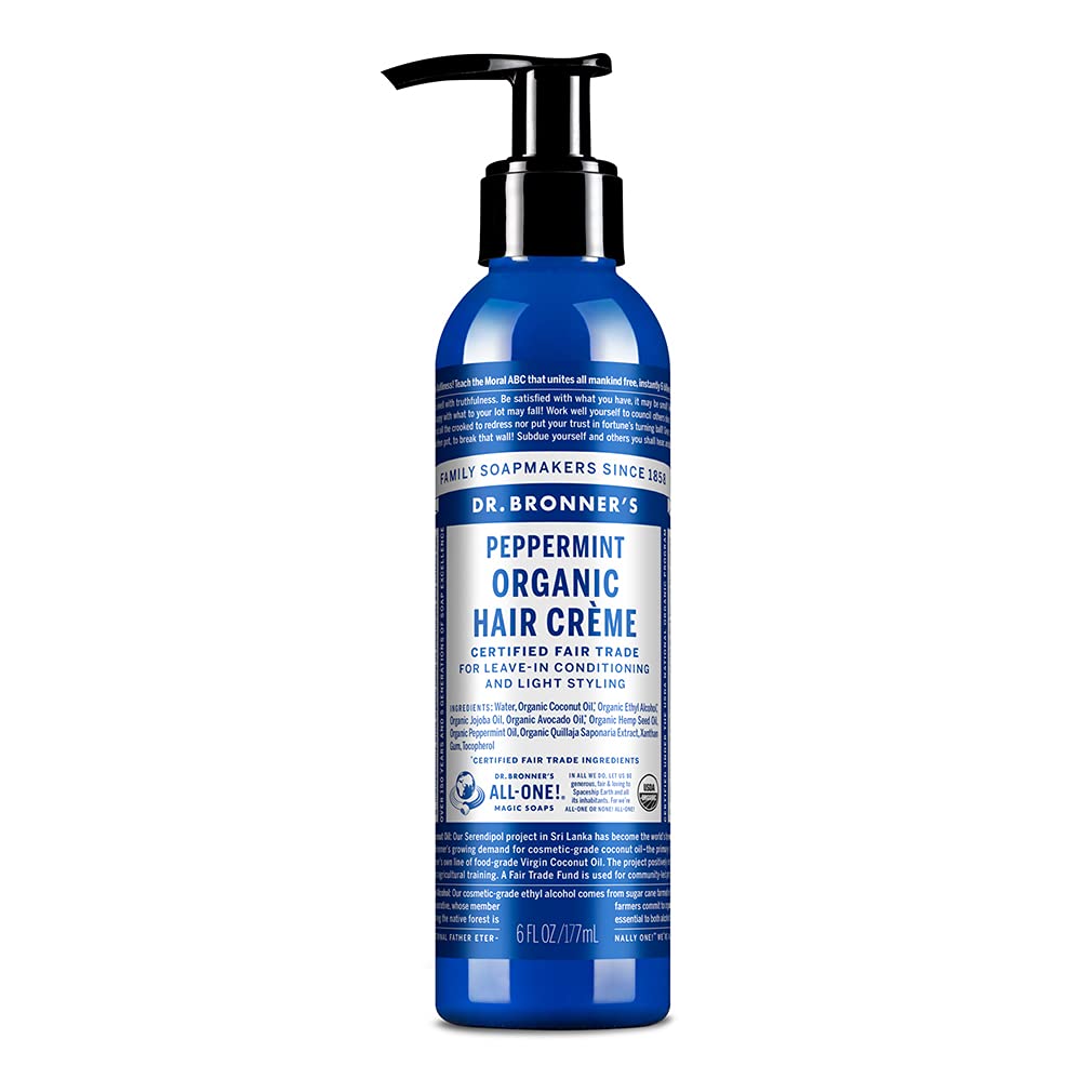 Dr. Bronner's Organic Hair Crème peppermint bottle highlights organic oils for shine and manageability.