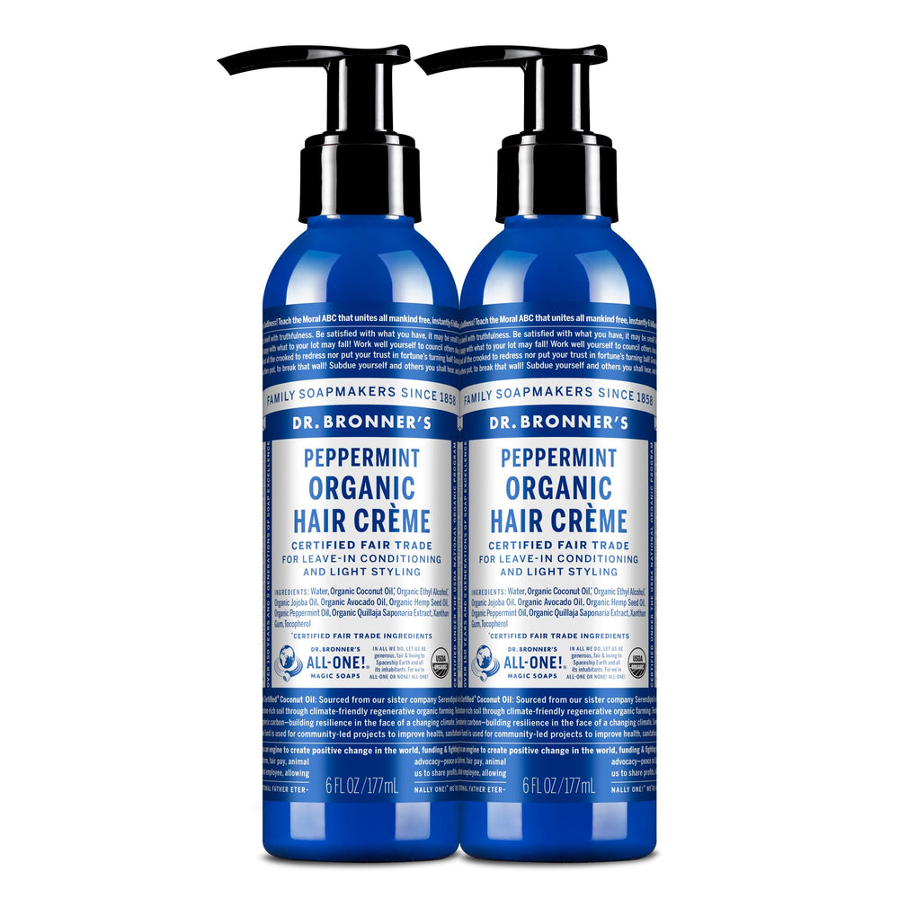 Dr. Bronner's Organic Hair Crème peppermint 6oz packaging highlights organic oils for shine