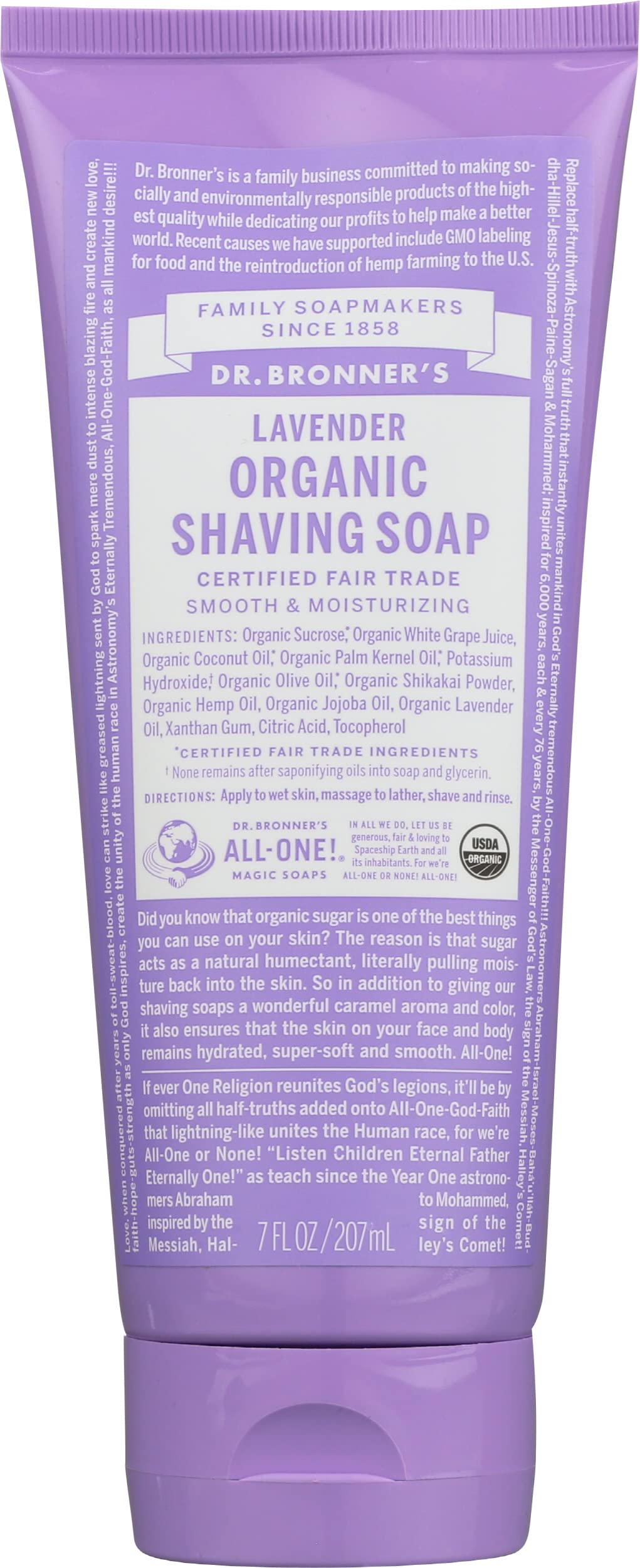 Dr. Bronner's Organic Lavender Shaving Soap bottle for smooth, moisturized shaving with calming lavender aroma.