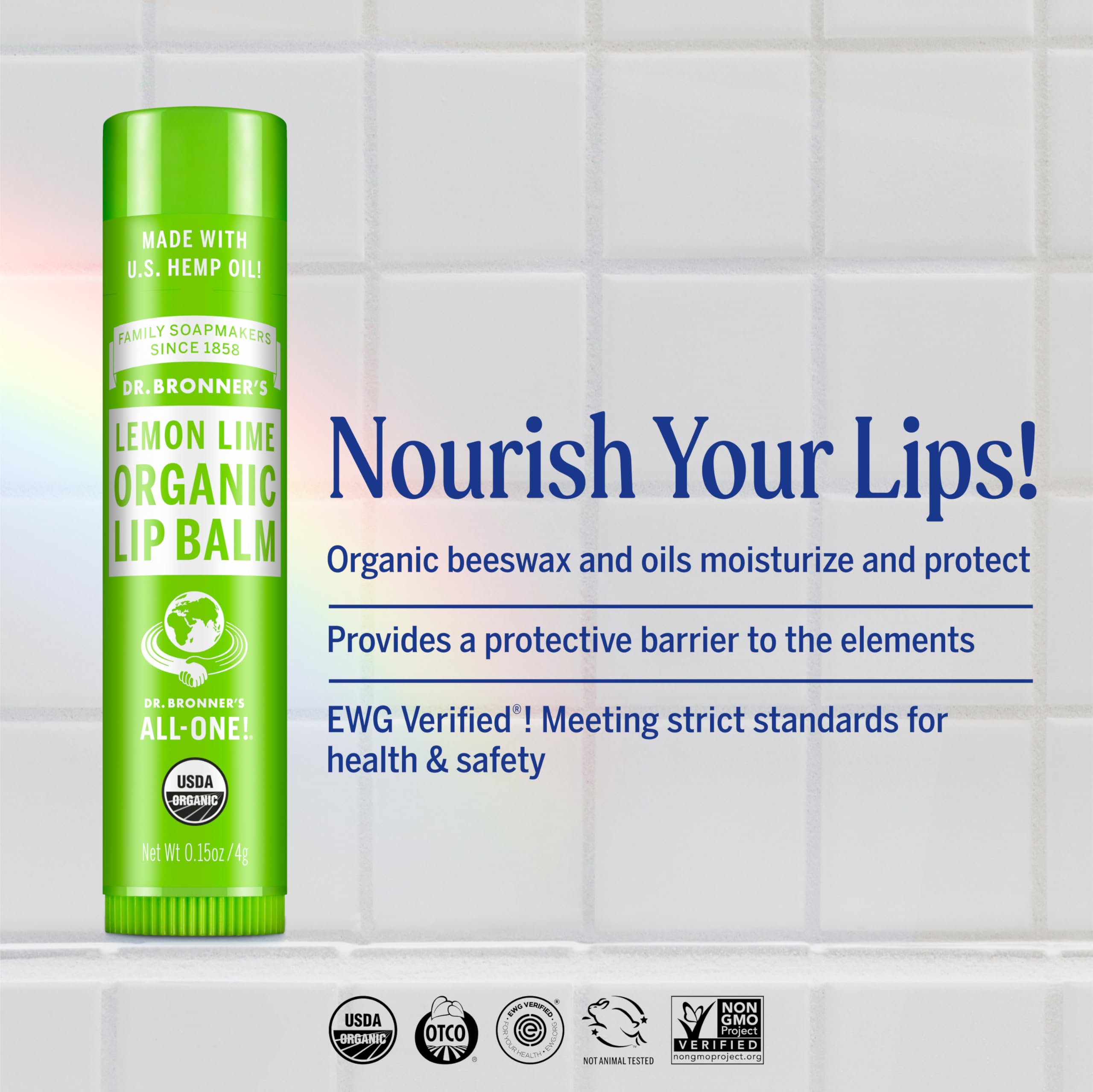 Dr Bronner's lip balm lemon lime bullet tube displaying creamy texture and shine