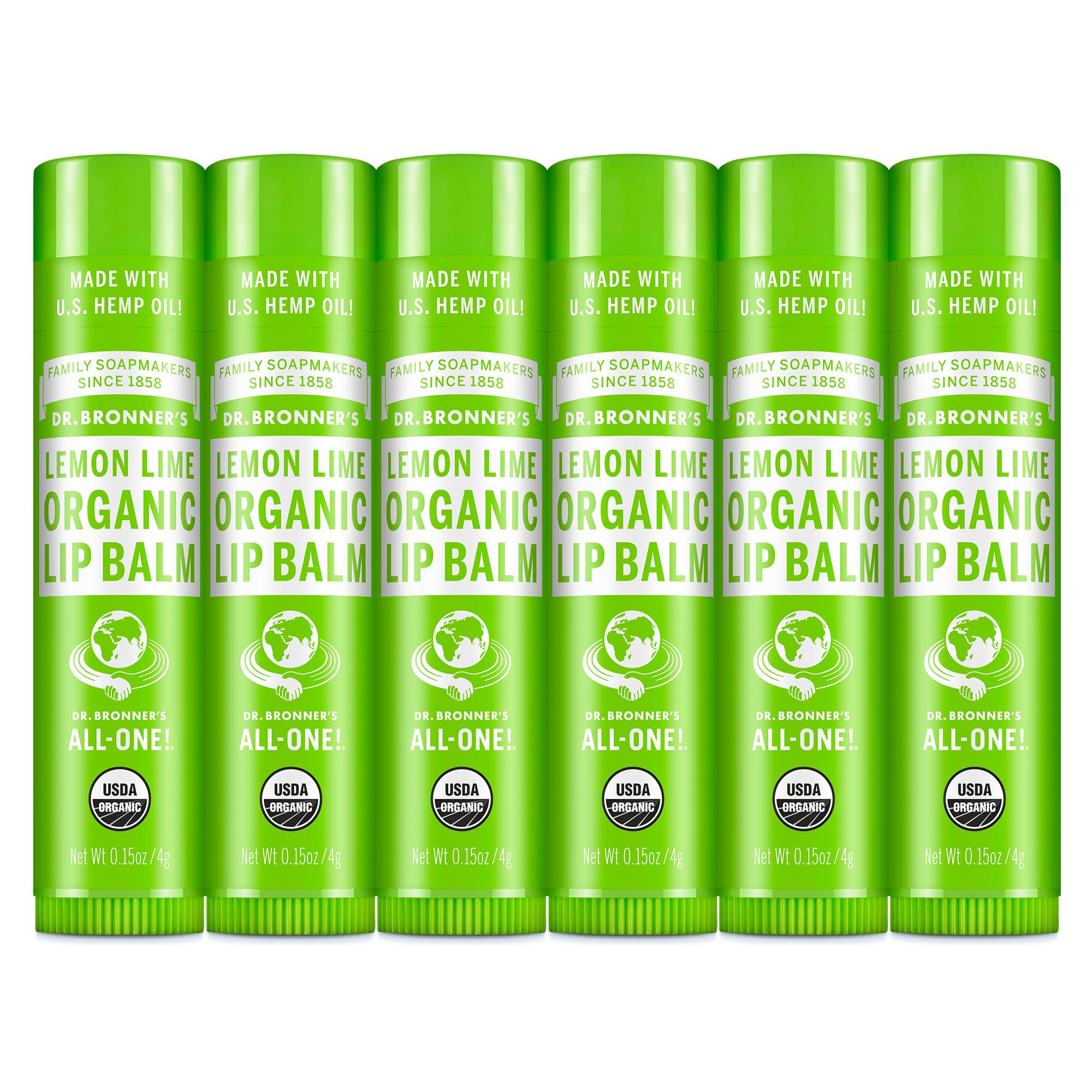 Dr Bronner's Lemon Lime Organic Lip Balm six-pack packaging for daily lip hydration
