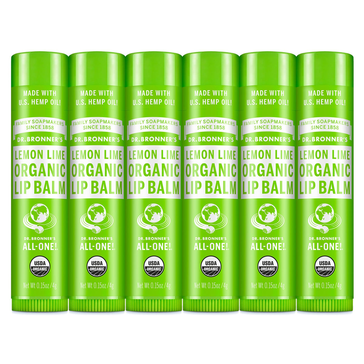 Dr Bronner's Lemon Lime Organic Lip Balm six-pack packaging for daily lip hydration
