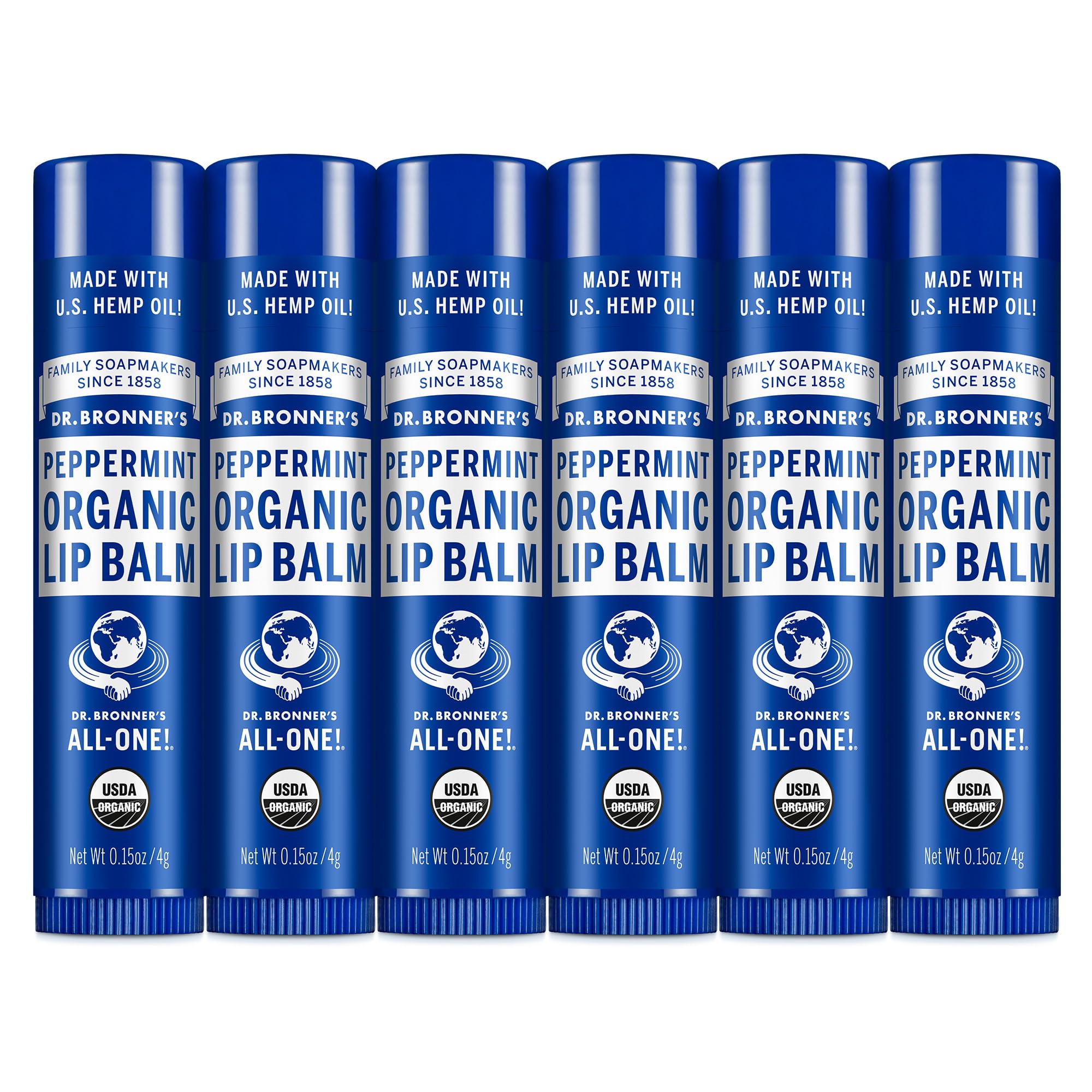 Dr. Bronner's Organic Lip Balm Peppermint 0.15 oz six-pack close-up for refreshing hydration.
