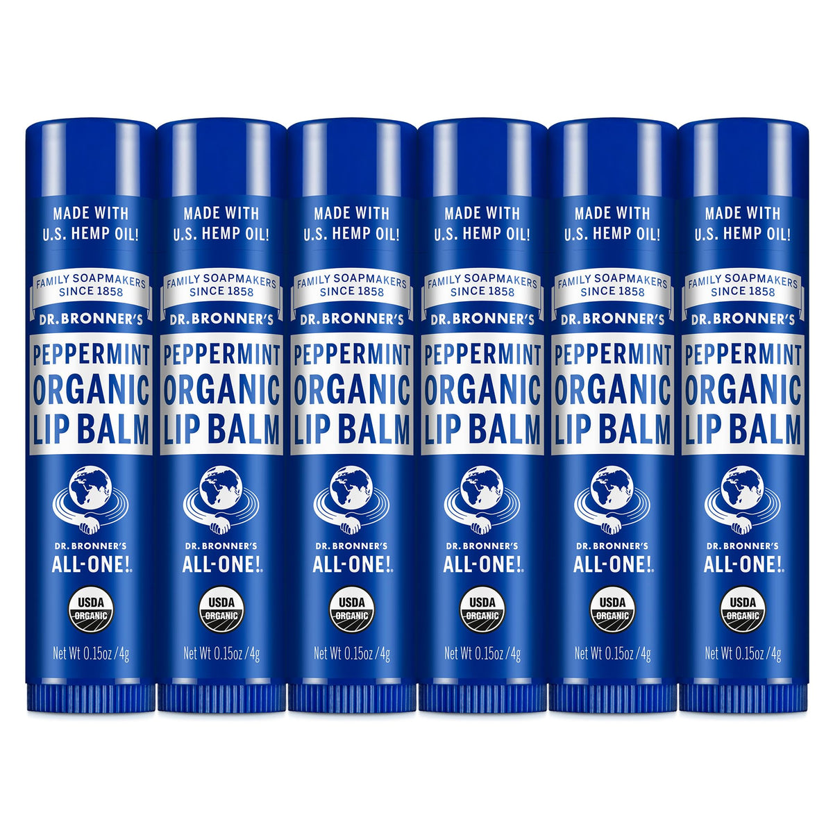 Dr. Bronner's Organic Lip Balm Peppermint 0.15 oz six-pack close-up for refreshing hydration.