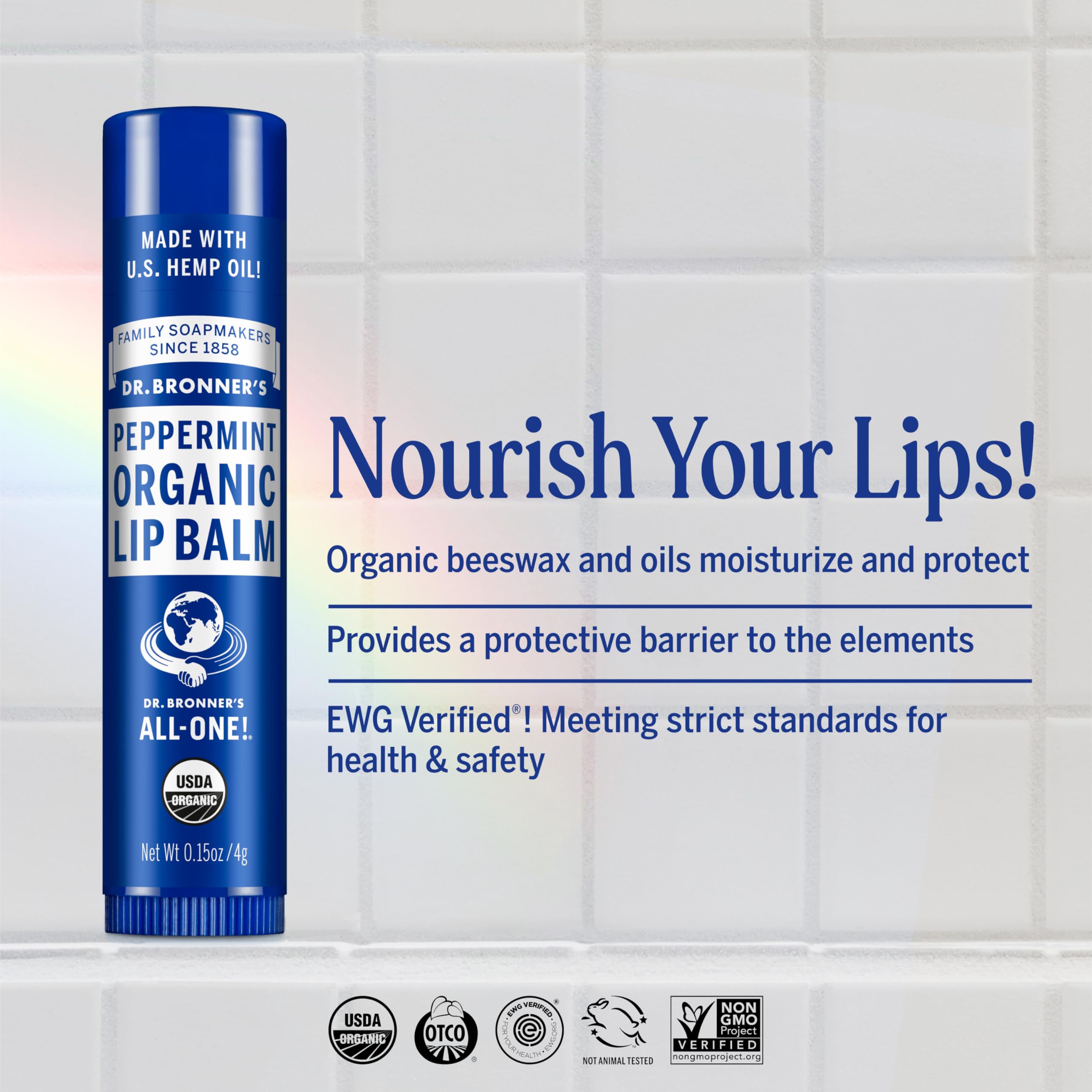 Dr. Bronner's peppermint lip balm tube close-up highlighting cooling effect.