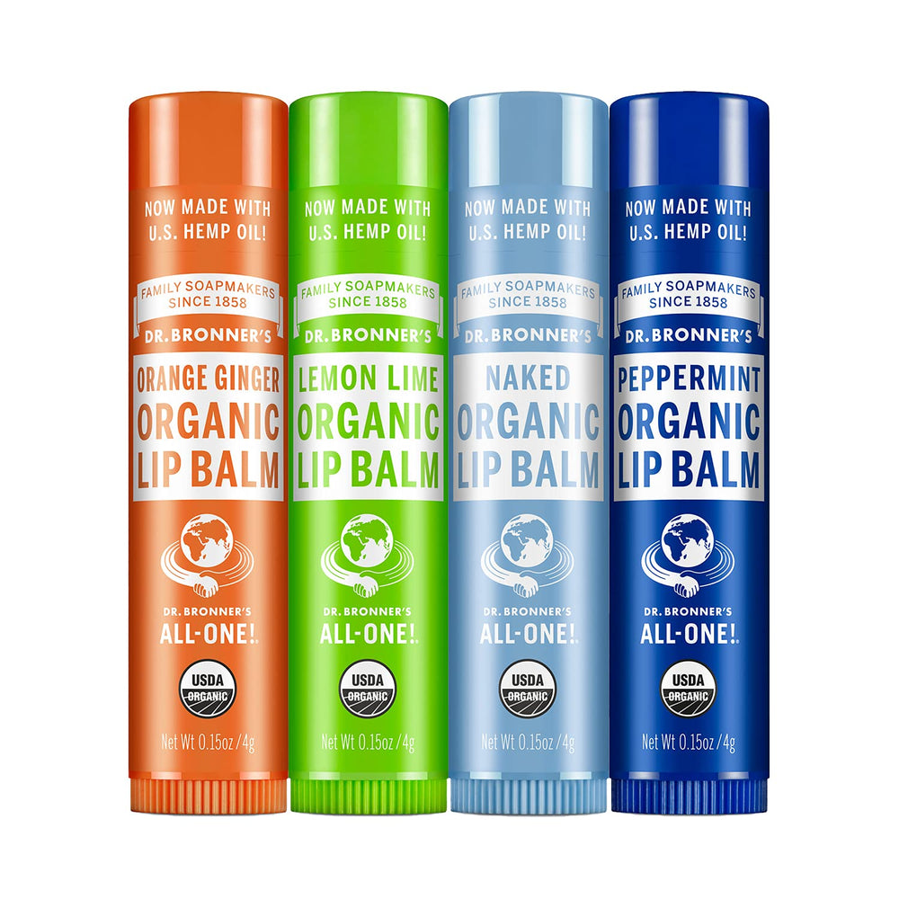 Dr. Bronner's peppermint lip balm with natural beeswax delivers lasting moisture for dry lips.