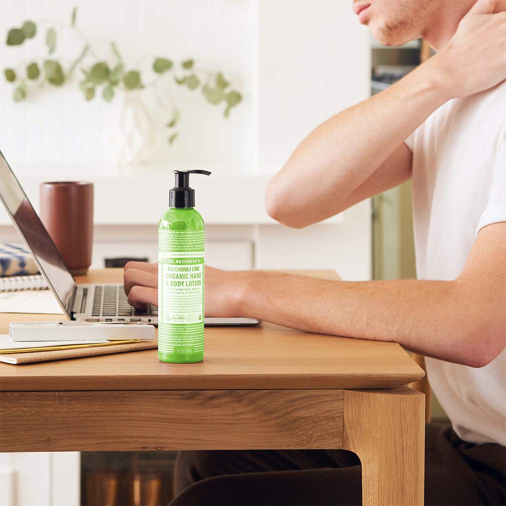 Dr. Bronner's Lotion being rubbed into hands for quick absorption and softness.