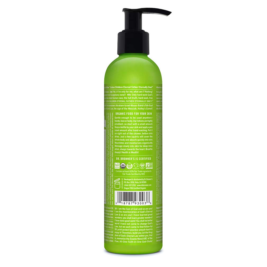 Dr. Bronner's Organic Lotion label highlights organic and fair-trade commitments.