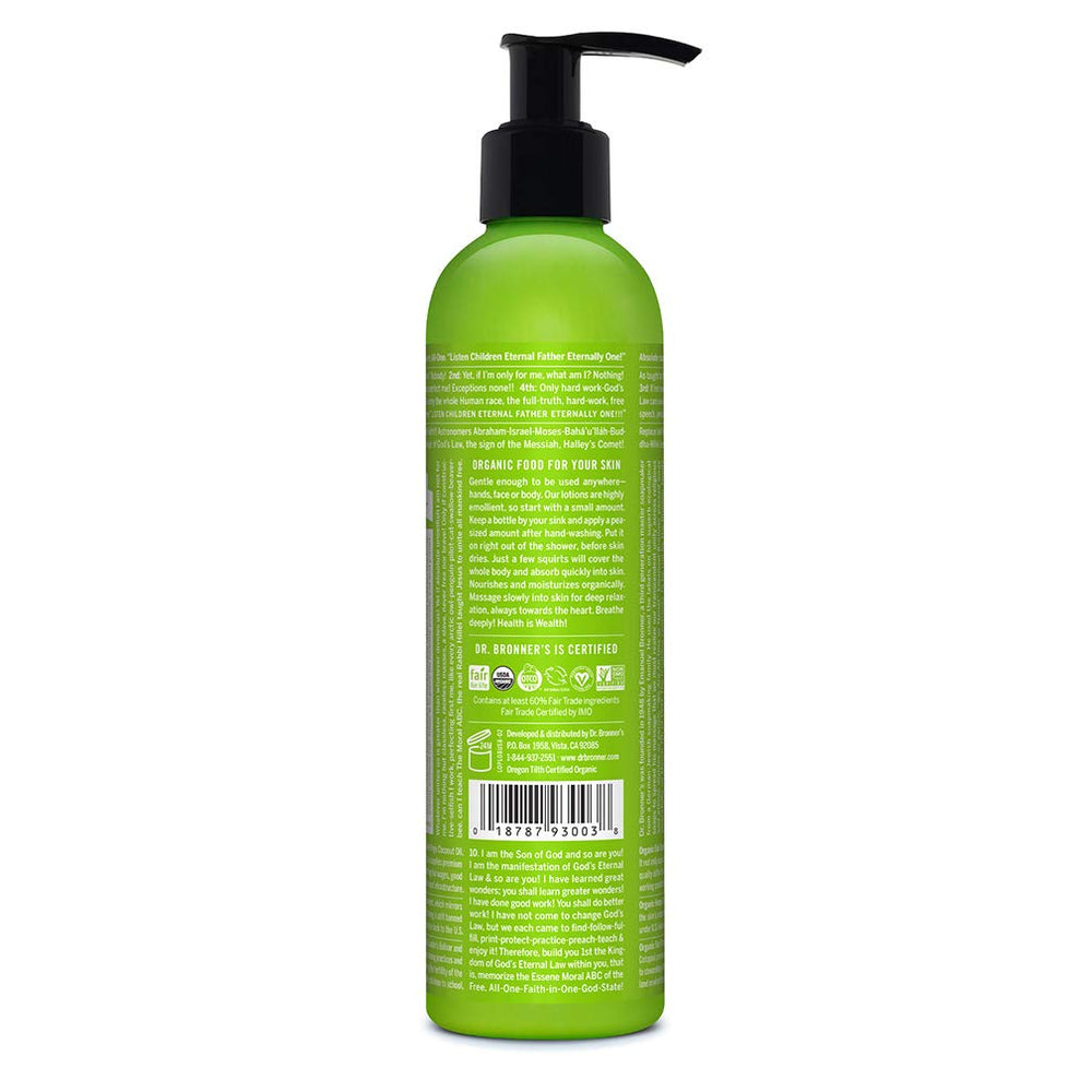 Dr. Bronner's Organic Lotion label highlights organic and fair-trade commitments.