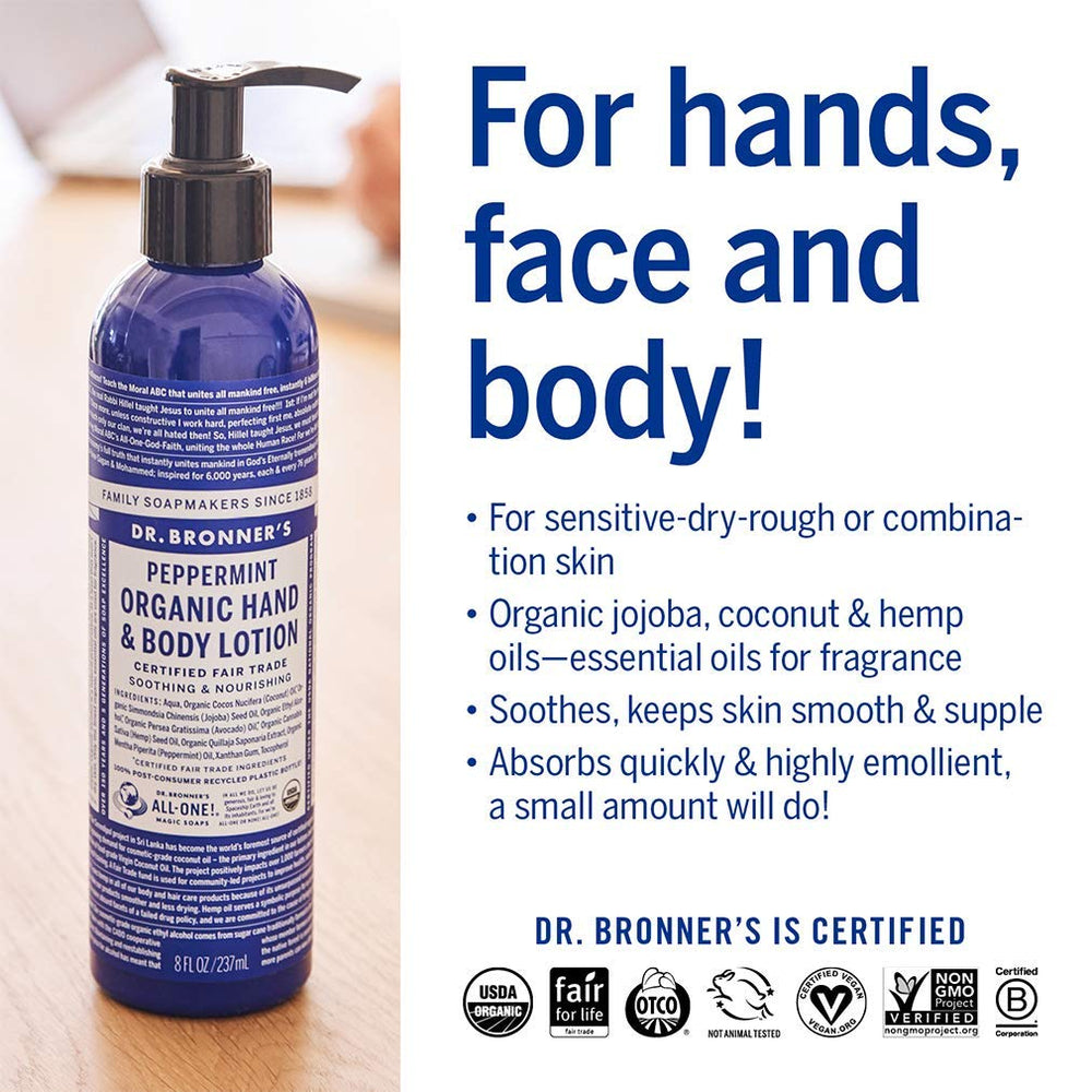 Dr. Bronner's Organic Lotion being applied to hands for daily moisturization.