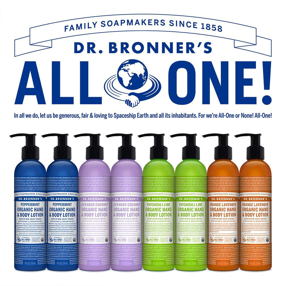 Dr. Bronner's Organic Lotion packaging and organic ingredients highlight certification and transparency.