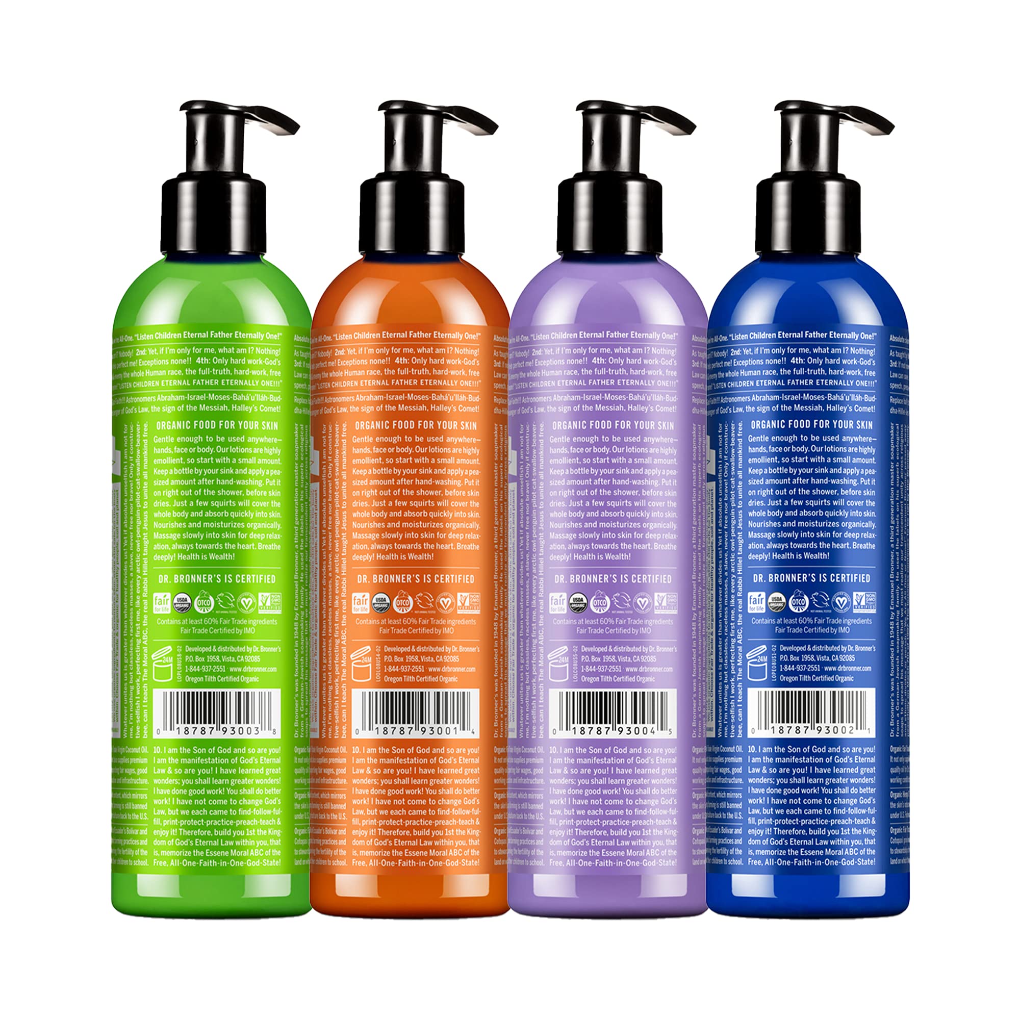 Dr. Bronner's Orange Lavender lotion bottle provides bright scent and skin-softening hydration.