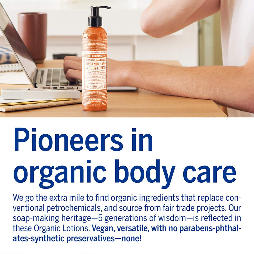 Dr. Bronner's Organic Lotion Orange Lavender packaging emphasizes vegan non-GMO credentials